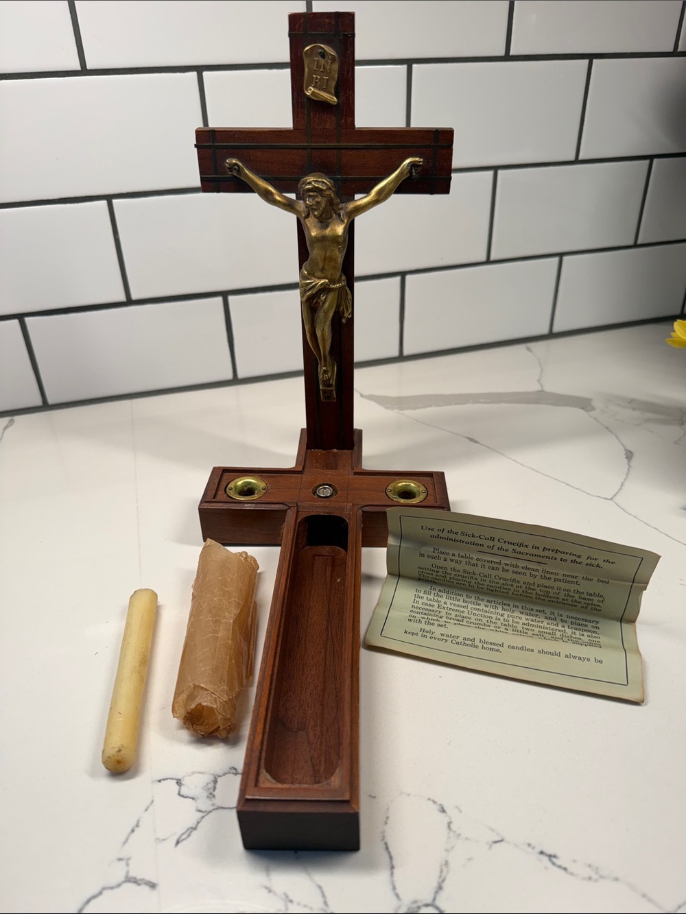 Vintage wooden Last Rights Crucifix with Brass Corpus and Candle Holders